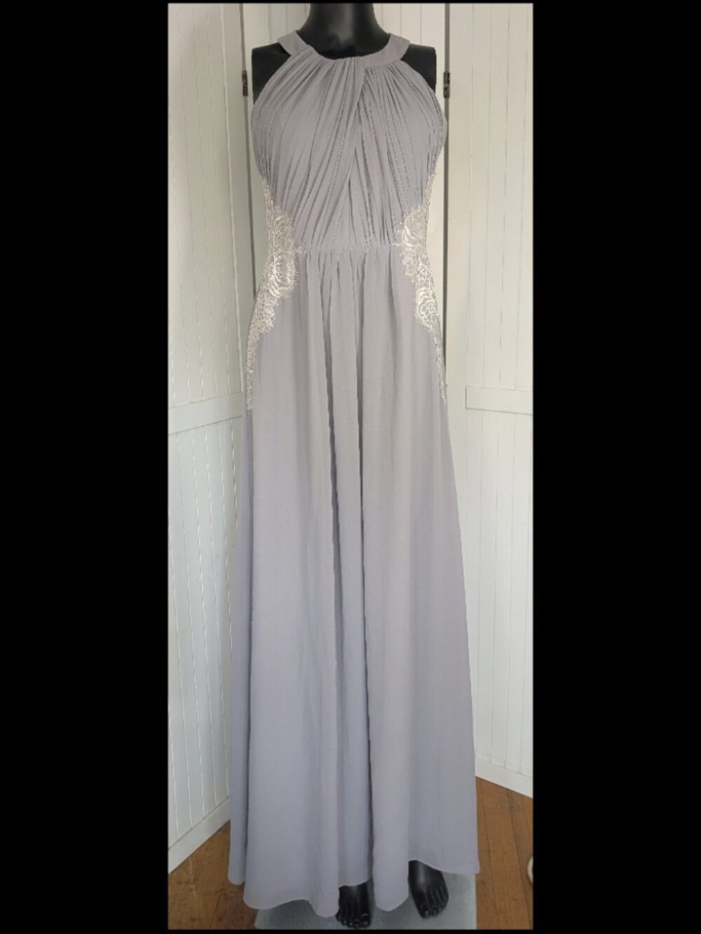 Showcase London Gray Pleated Maxi Dress Lace Formal Bridesmaid Prom US 6/UK10